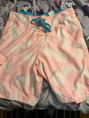 Hollister Light Pink Pineapple Swim Trunks with Blue Drawstring